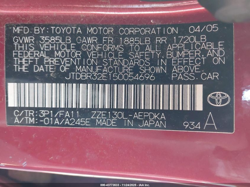 2005 Toyota Corolla Ce VIN: JTDBR32E150054696 Lot: 43773533