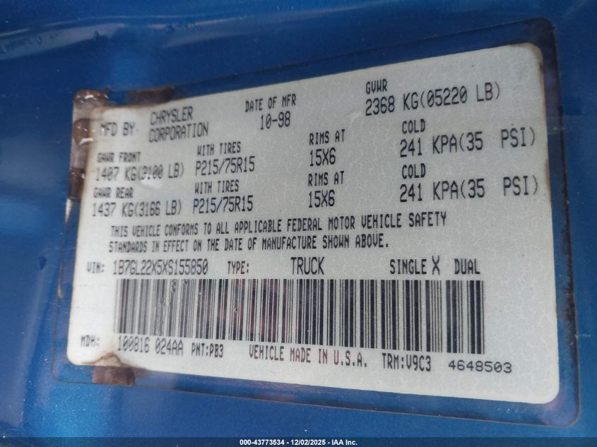 1999 Dodge Dakota Slt/Sport VIN: 1B7GL22X5XS155850 Lot: 43773534