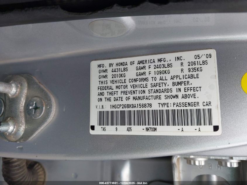 2009 Honda Accord 2.4 Ex-L VIN: 1HGCP268X9A156878 Lot: 43773551
