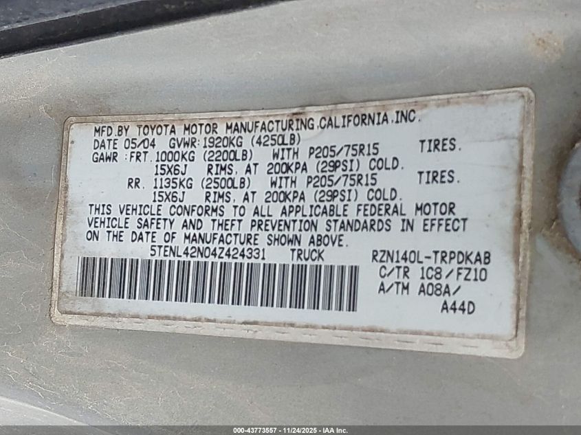 2004 Toyota Tacoma VIN: 5TENL42N04Z424331 Lot: 43773557