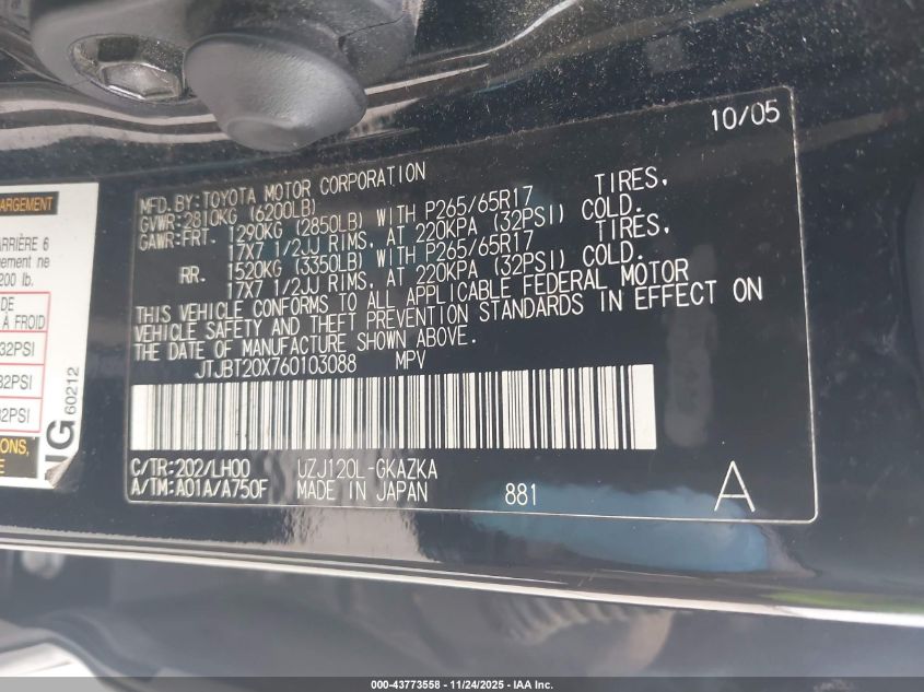 2006 Lexus Gx 470 VIN: JTJBT20X760103088 Lot: 43773558