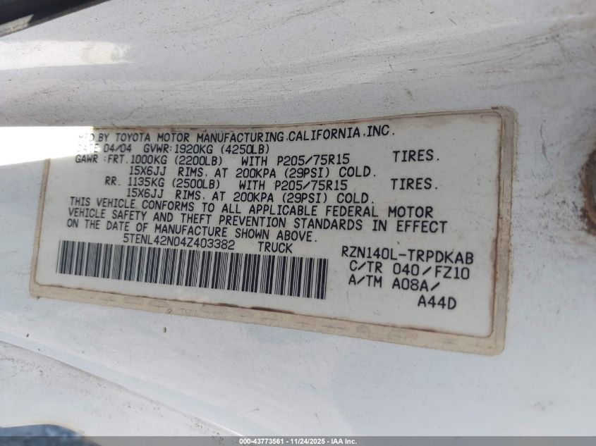 2004 Toyota Tacoma VIN: 5TENL42N04Z403382 Lot: 43773561