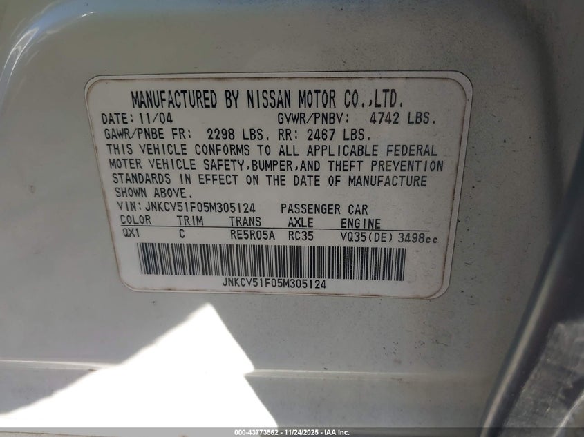 2005 Infiniti G35X VIN: JNKCV51F05M305124 Lot: 43773562