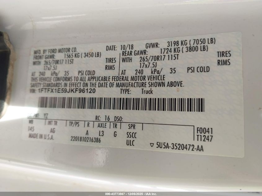 2018 Ford F-150 Xl VIN: 1FTFX1E59JKF96120 Lot: 43773567