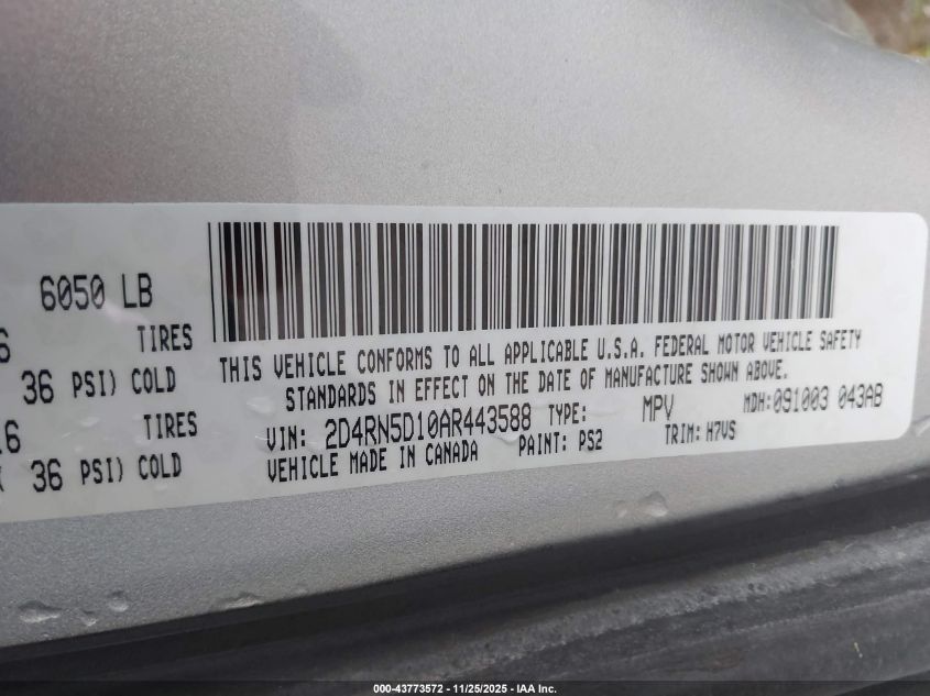 2010 Dodge Grand Caravan Sxt VIN: 2D4RN5D10AR443588 Lot: 43773572