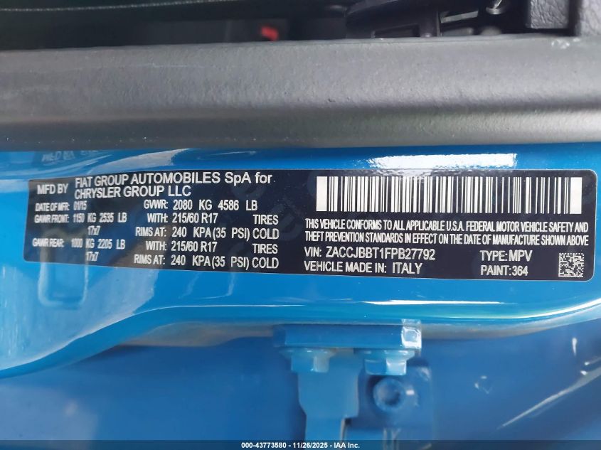 2015 Jeep Renegade Latitude VIN: ZACCJBBT1FPB27792 Lot: 43773580