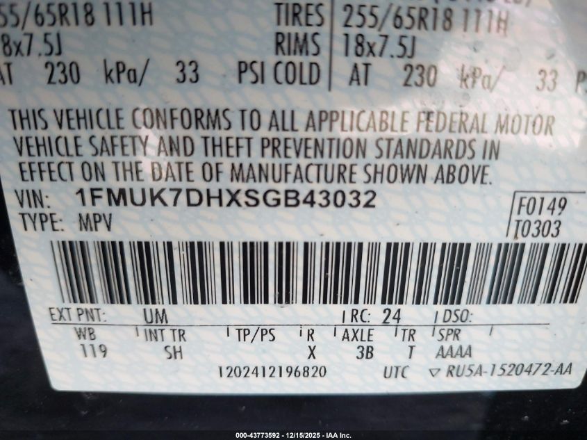 2025 Ford Explorer Active VIN: 1FMUK7DHXSGB43032 Lot: 43773592