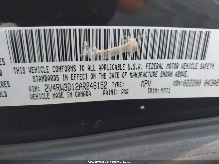 2010 Volkswagen Routan Se VIN: 2V4RW3D12AR246152 Lot: 43773617