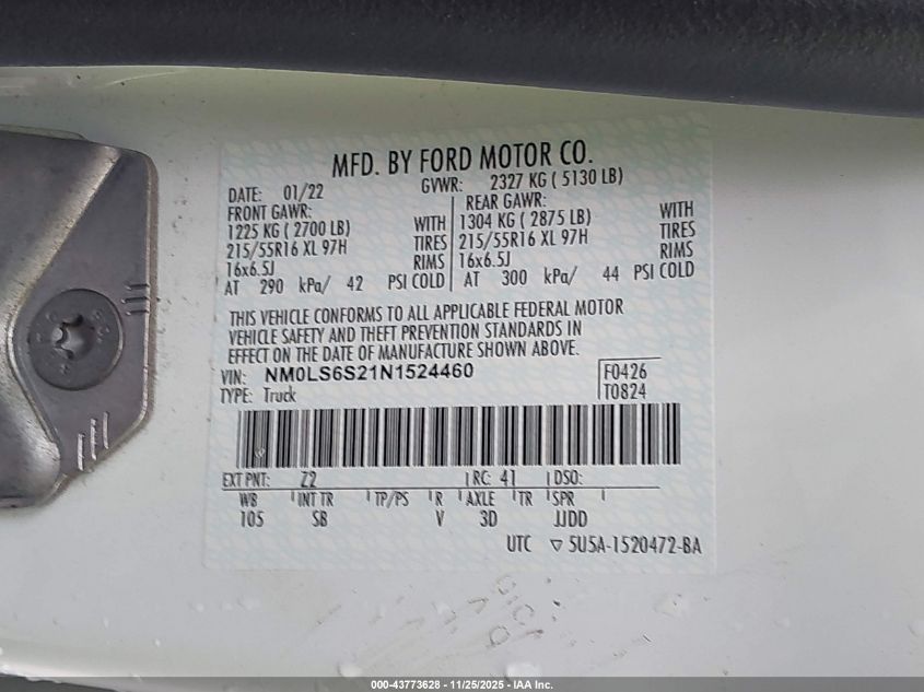 2022 Ford Transit Connect Xl VIN: NM0LS6S21N1524460 Lot: 43773628