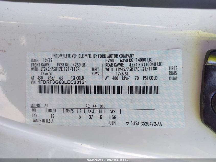 2020 Ford F-350 Chassis Xl VIN: 1FDRF3G63LEC30121 Lot: 43773629