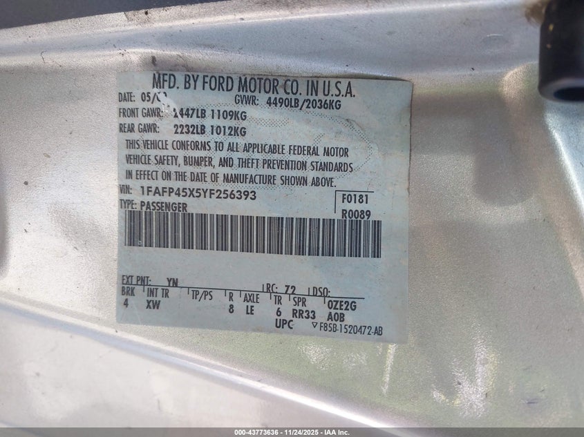 2000 Ford Mustang Gt VIN: 1FAFP45X5YF256393 Lot: 43773636