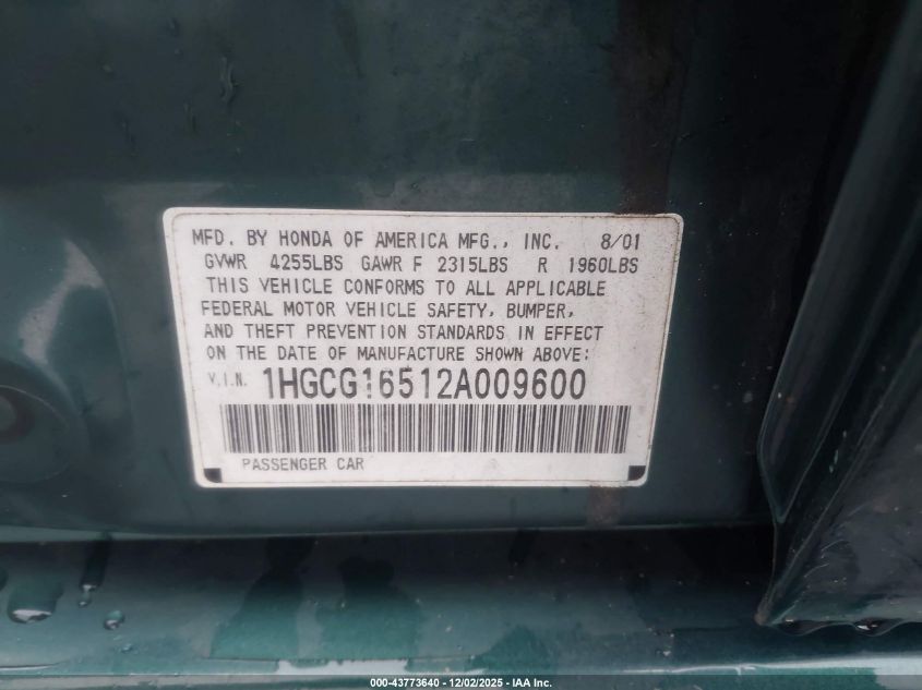 2002 Honda Accord 3.0 Ex VIN: 1HGCG16512A009600 Lot: 43773640
