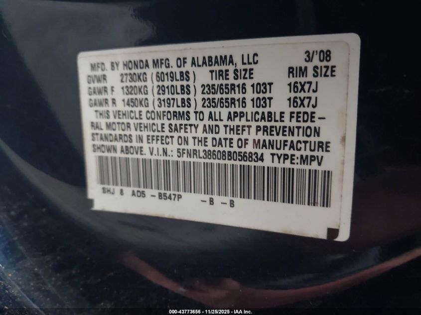 2008 Honda Odyssey Ex-L VIN: 5FNRL38608B056834 Lot: 43773656