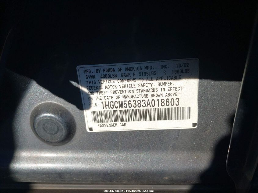 2003 Honda Accord 2.4 Lx VIN: 1HGCM56383A018603 Lot: 43773662