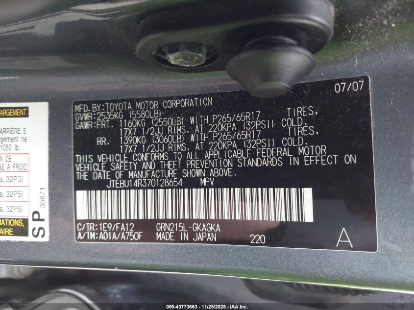 2007 Toyota 4Runner Sr5 V6 VIN: JTEBU14R370128654 Lot: 43773663