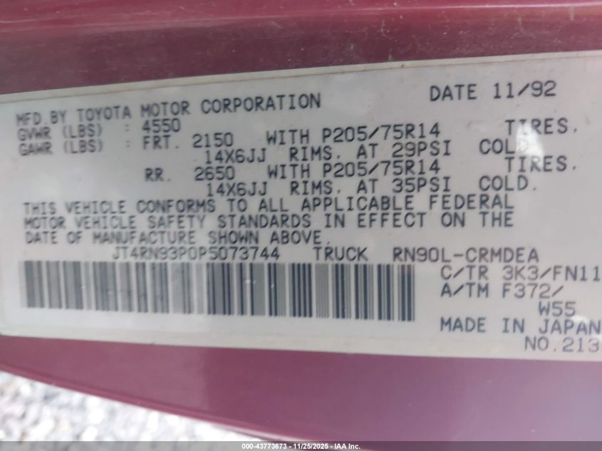 1993 Toyota Pickup 1/2 Ton Ex Long Whlbse Dx VIN: JT4RN93P0P5073744 Lot: 43773673