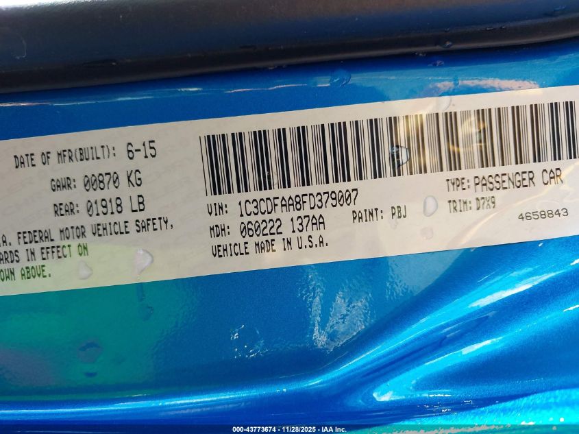 2015 Dodge Dart Se VIN: 1C3CDFAA8FD379007 Lot: 43773674