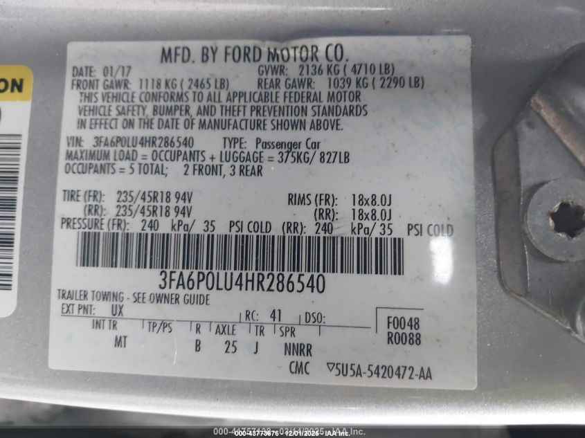 2017 Ford Fusion Hybrid Se VIN: 3FA6P0LU4HR286540 Lot: 43773676