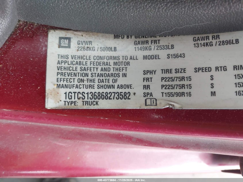 2006 GMC Canyon Sle2 VIN: 1GTCS136868273582 Lot: 43773684