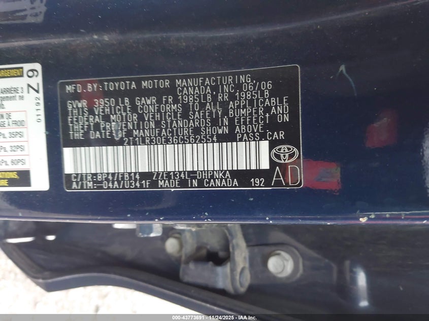 2006 Toyota Matrix Xr VIN: 2T1LR30E36C562554 Lot: 43773691