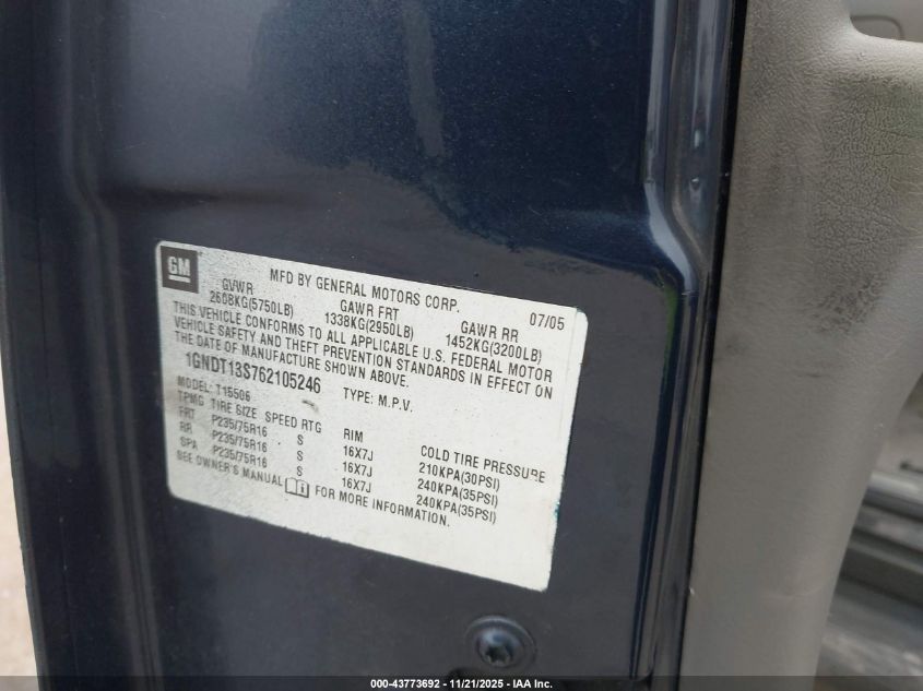 2007 Chevrolet Trailblazer Ls VIN: 1GNDT13S772259926 Lot: 43773692