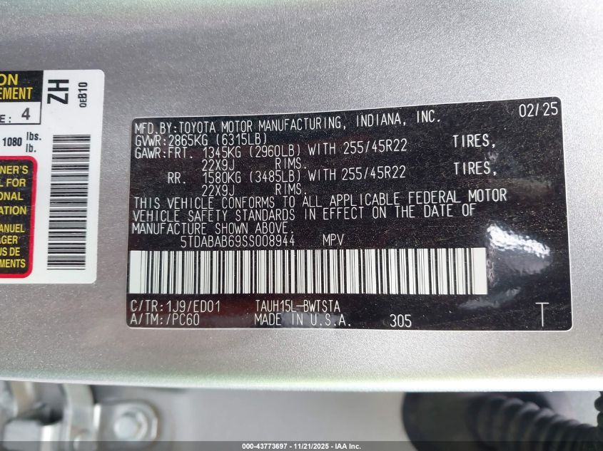 2025 Lexus Tx 500H F Sport Premium VIN: 5TDABAB69SS008944 Lot: 43773697