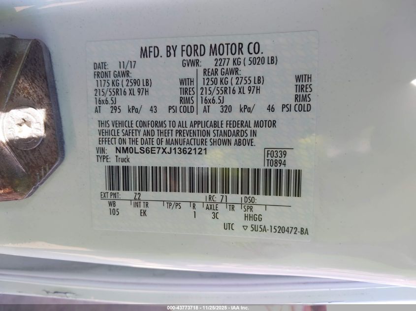 2018 Ford Transit Connect Xl VIN: NM0LS6E7XJ1362121 Lot: 43773718