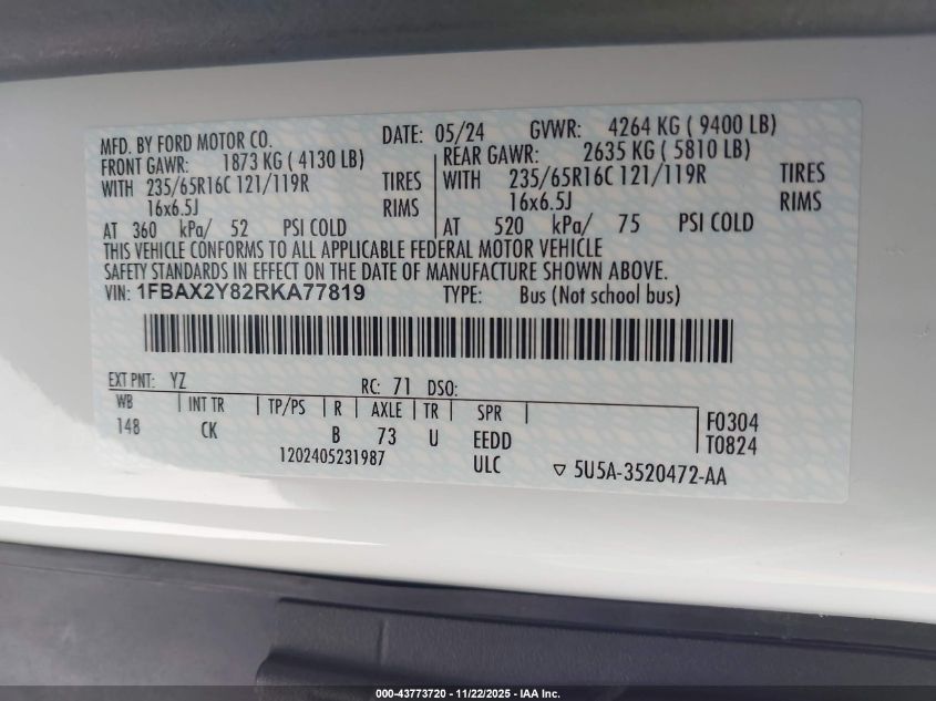 2024 Ford Transit Passenger Xl VIN: 1FBAX2Y82RKA77819 Lot: 43773720