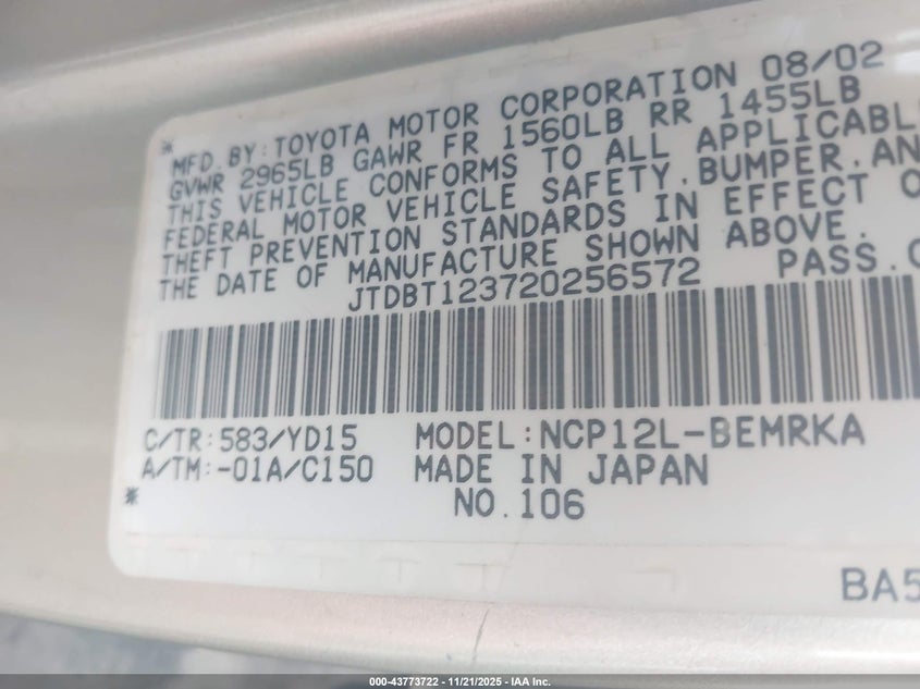 2002 Toyota Echo VIN: JTDBT123720256572 Lot: 43773722