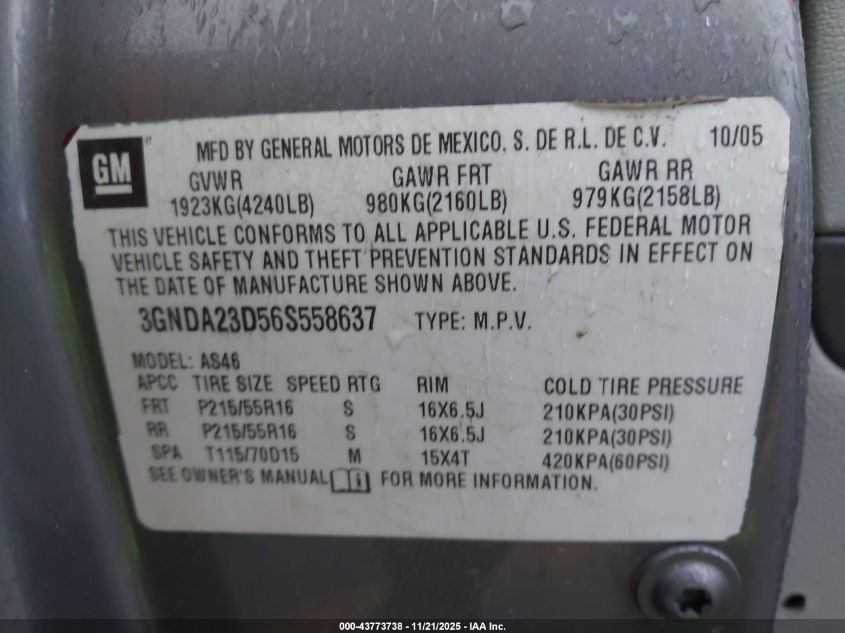 2006 Chevrolet Hhr Ls VIN: 3GNDA13D76S624213 Lot: 43773738