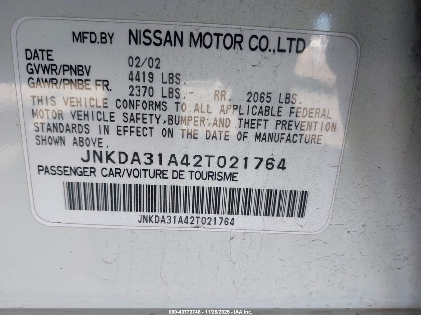 2002 Infiniti I35 Luxury VIN: JNKDA31A42T021764 Lot: 43773748