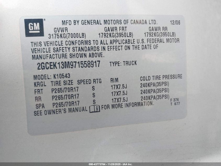 2007 Chevrolet Silverado 1500 Lt1 VIN: 2GCEK13M971558917 Lot: 43773764