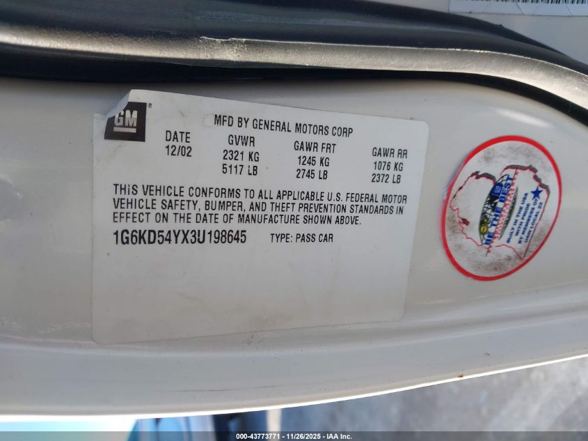 2003 Cadillac Deville Standard VIN: 1G6KD54YX3U198645 Lot: 43773771