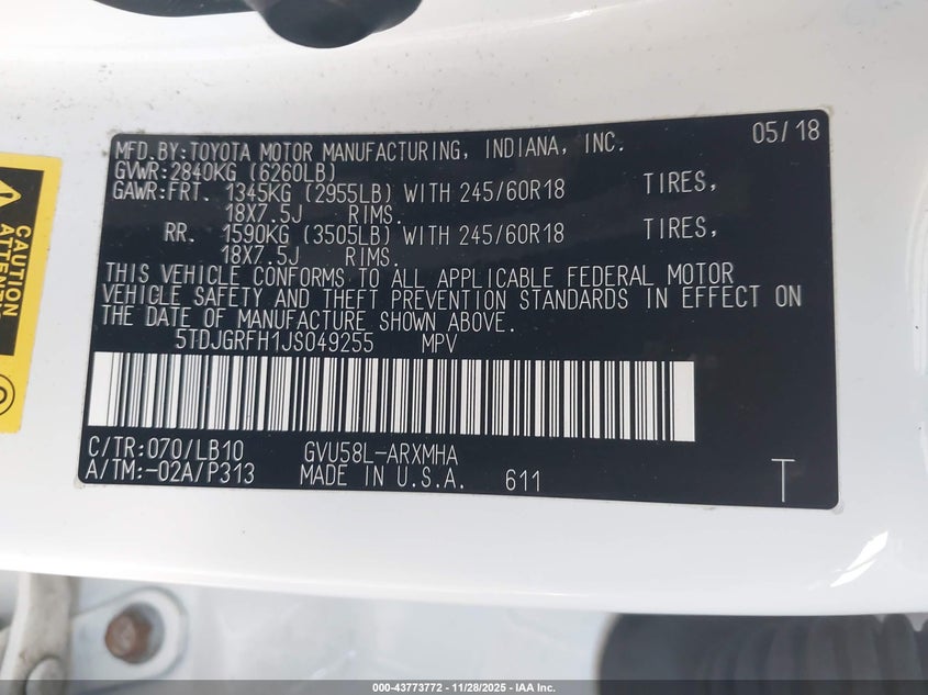 2018 Toyota Highlander Hybrid Xle VIN: 5TDJGRFH1JS049255 Lot: 43773772