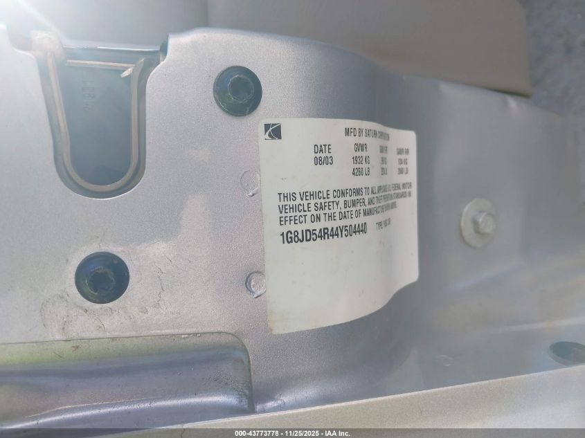 2004 Saturn L300 2 VIN: 1G8JD54R44Y504440 Lot: 43773778