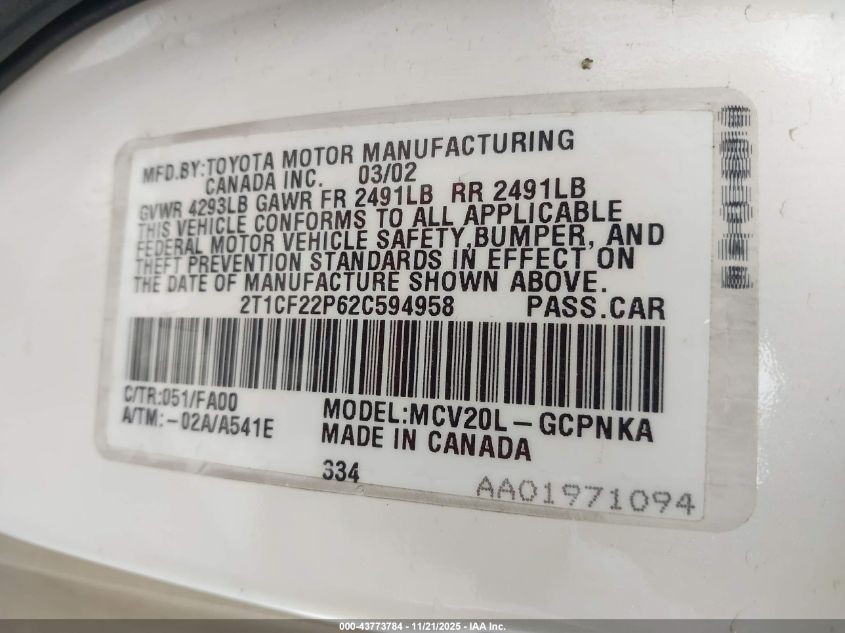 2002 Toyota Camry Solara Se V6 VIN: 2T1CF22P62C594958 Lot: 43773784