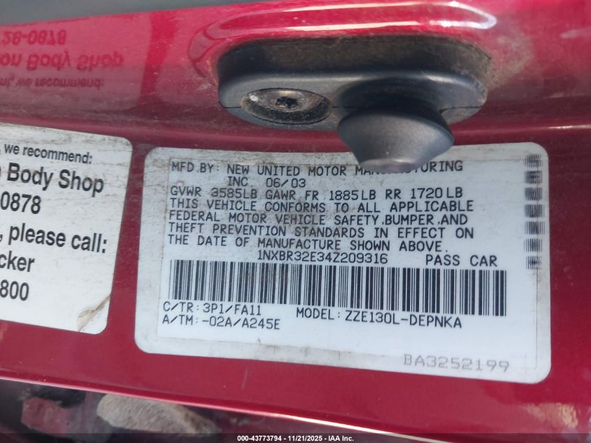 2004 Toyota Corolla Le VIN: 1NXBR32E34Z209316 Lot: 43773794