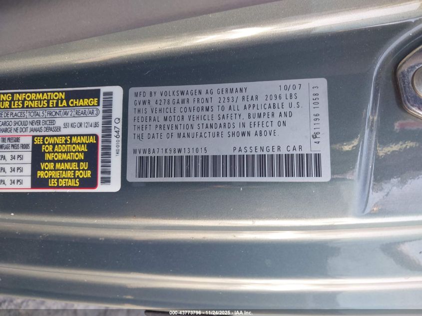 2008 Volkswagen Rabbit S VIN: WVWBA71K98W131015 Lot: 43773796