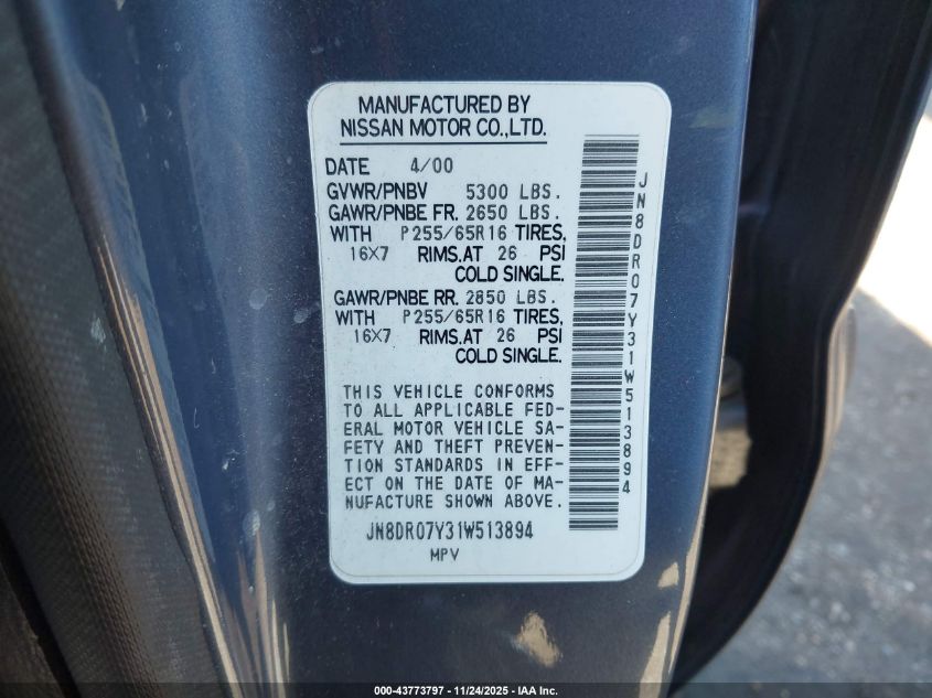 2001 Nissan Pathfinder Se VIN: JN8DR07Y31W513894 Lot: 43773797
