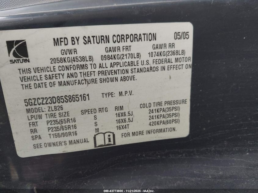 2005 Saturn Vue 4 Cyl VIN: 5GZCZ23D85S865161 Lot: 43773800