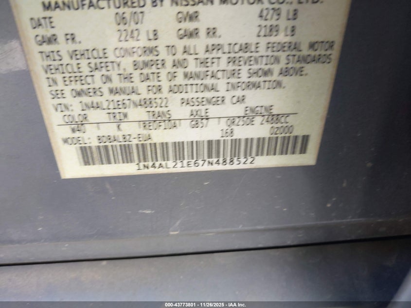 2007 Nissan Altima 2.5 S VIN: 1N4AL21E67N488522 Lot: 43773801