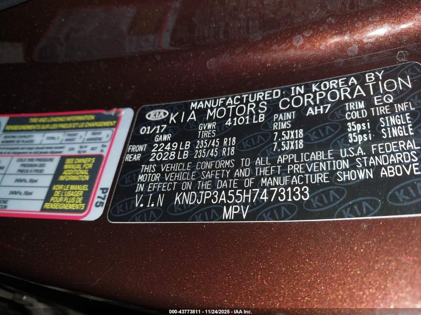 2017 Kia Soul + VIN: KNDJP3A55H7473133 Lot: 43773811