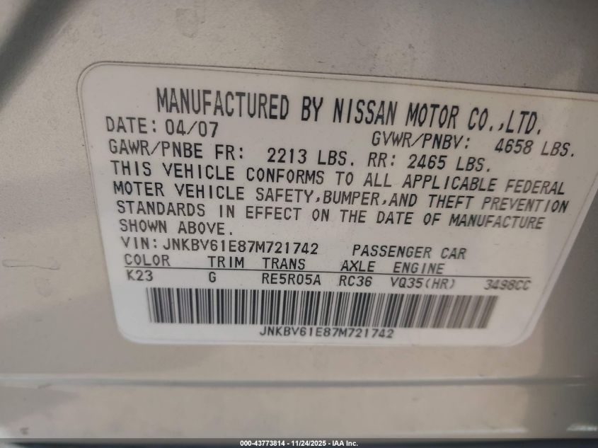 2007 Infiniti G35 Journey VIN: JNKBV61E87M721742 Lot: 43773814