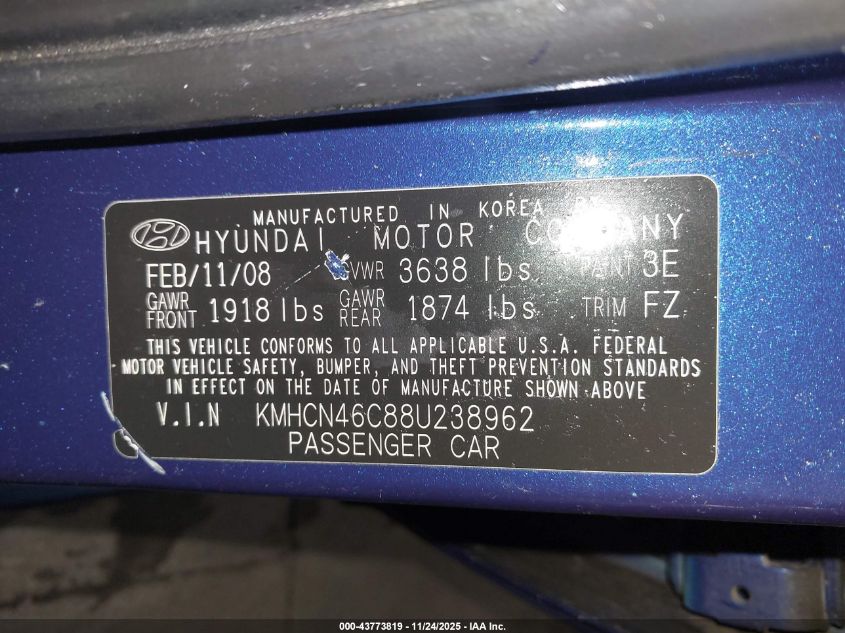 2008 Hyundai Accent Gls VIN: KMHCN46C88U238962 Lot: 43773819