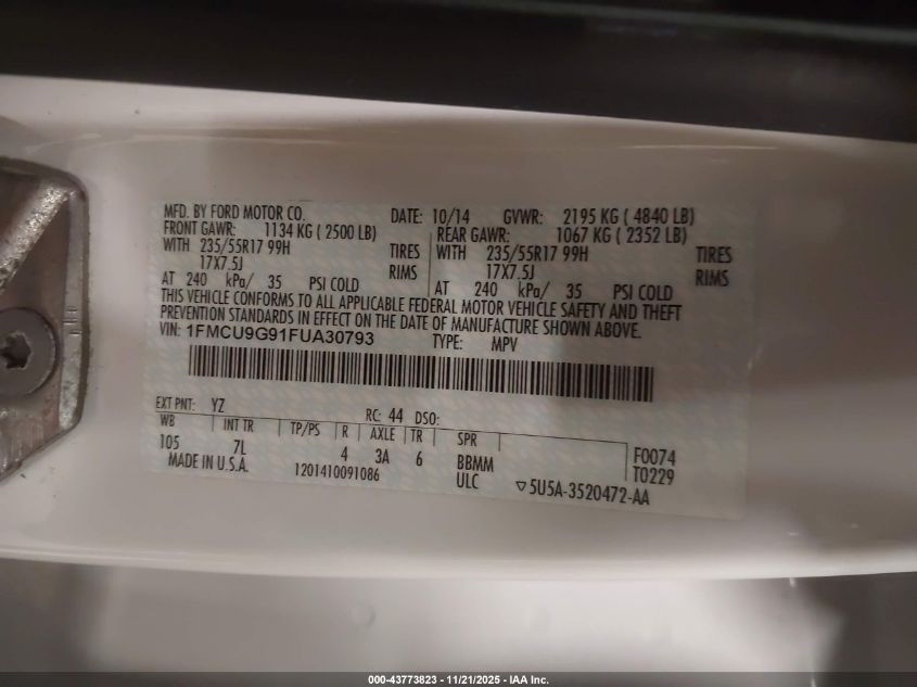 2015 Ford Escape Se VIN: 1FMCU9G91FUA30793 Lot: 43773823