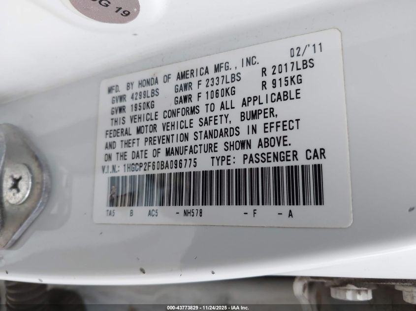 2011 Honda Accord 2.4 Se VIN: 1HGCP2F60BA096775 Lot: 43773829