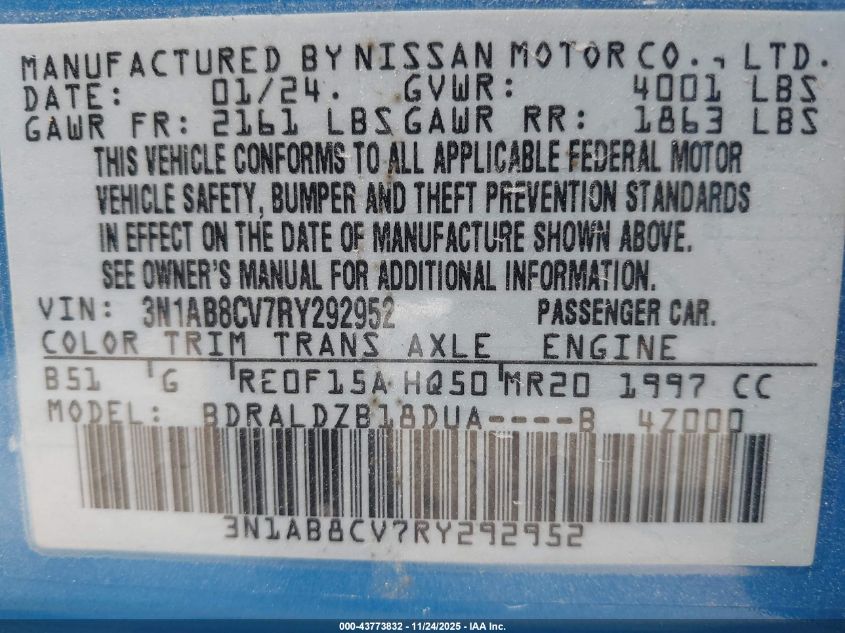 2024 Nissan Sentra Sv Xtronic Cvt VIN: 3N1AB8CV7RY292952 Lot: 43773832