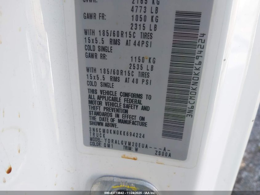 2019 Nissan Nv200 Sv VIN: 3N6CM0KN0KK694224 Lot: 43773842