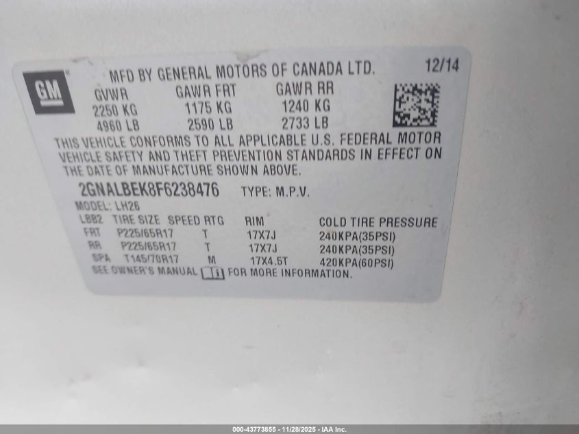 2015 Chevrolet Equinox 1Lt VIN: 2GNALBEK8F6238476 Lot: 43773855