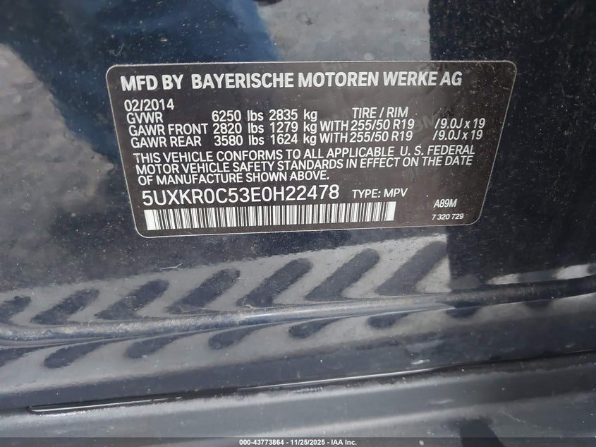 2014 BMW X5 VIN: 5UXKR035E0H22478 Lot: 43773864